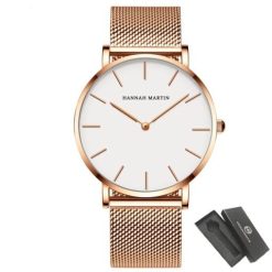 Elegancki zegarek damski na bransolecie mesh HANNAH MARTIN HM36 rose gold biała tarcza