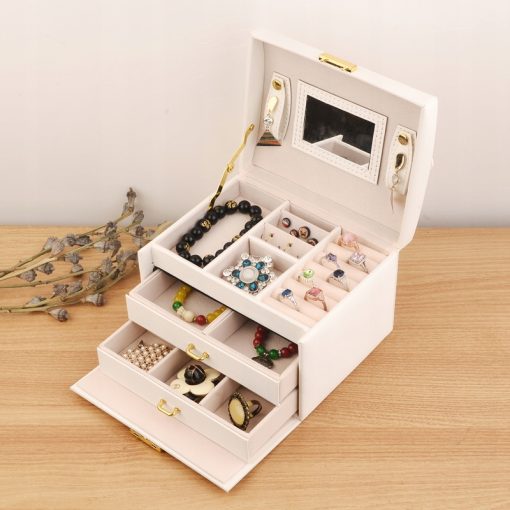 Szkatułka na biżuterię pudełko organizer kuferek z lusterkiem biały