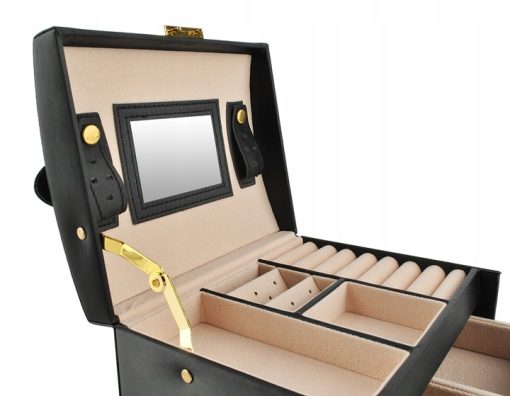 Szkatułka na biżuterię pudełko organizer kuferek z lusterkiem czarny