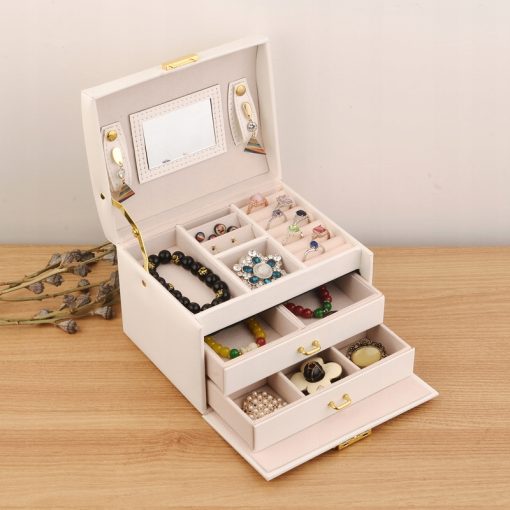 Szkatułka na biżuterię pudełko organizer kuferek z lusterkiem biały