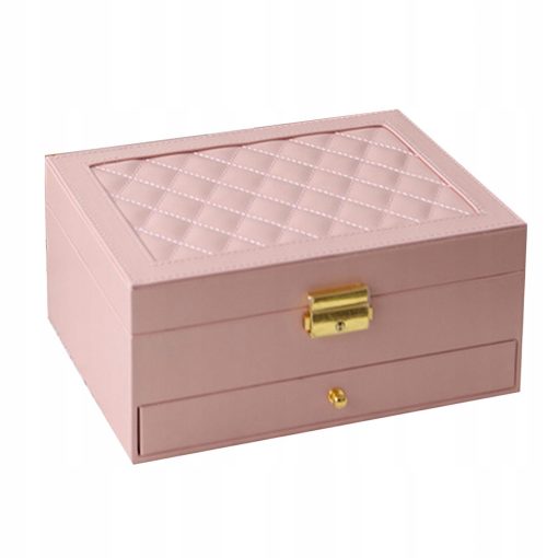 Szkatułka na biżuterię pudełko organizer kuferek różowy 2-warstwowy