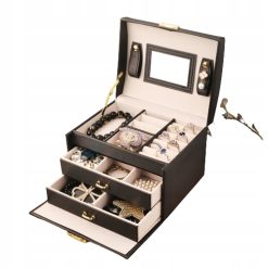 Szkatułka na biżuterię pudełko organizer kuferek z lusterkiem czarny 5