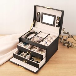 Szkatułka na biżuterię pudełko organizer kuferek z lusterkiem czarny 4