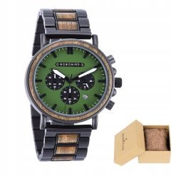 Drewniany męski zegarek BOBO BIRD T63-1 na bransolecie chronograf zielona tarcza