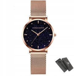 Zegarek damski na bransolecie mesh HANNAH MARTIN MS36 rose gold czarny elegancki piękny pudełko