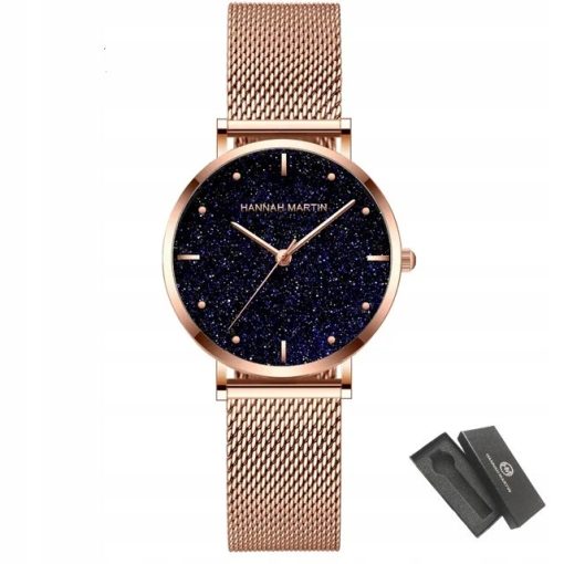 Zegarek damski na bransolecie mesh HANNAH MARTIN MS36 rose gold czarny elegancki piękny pudełko