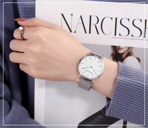 Srebrny zegarek damski na bransolecie mesh HANNAH MARTIN MS36 elegancki piękny pudełko