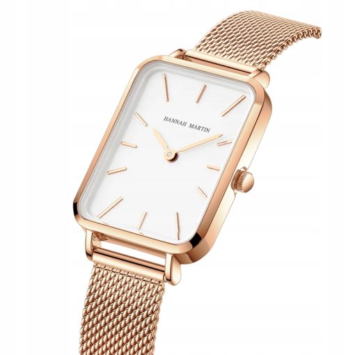 Damski zegarek na bransolecie mesh HANNAH MARTIN 1241 piękny elegancki rose gold biały