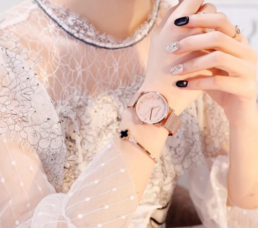 Zegarek damski rose gold na bransolecie mesh HANNAH MARTIN MS36 elegancki piękny pudełko