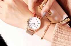 Elegancki zegarek damski na bransolecie mesh HANNAH MARTIN HM36 rose gold biała tarcza
