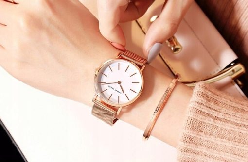 Elegancki zegarek damski na bransolecie mesh HANNAH MARTIN HM36 rose gold biała tarcza