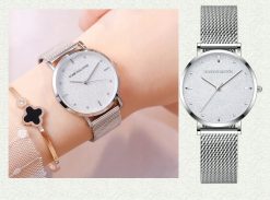 Srebrny zegarek damski na bransolecie mesh HANNAH MARTIN MS36 elegancki piękny pudełko
