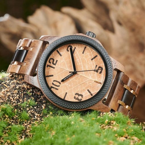 Drewniany męski zegarek BOBO BIRD T155-4 elegancki drewniana bransoleta tarcza liść