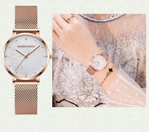 Zegarek damski rose gold na bransolecie mesh HANNAH MARTIN MS36 elegancki piękny pudełko