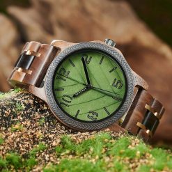 Drewniany męski zegarek BOBO BIRD T155-6 elegancki drewniana bransoleta tarcza liść 2