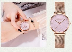 Zegarek damski  na bransolecie mesh HANNAH MARTIN MS36 rose gold różowy elegancki piękny pudełko