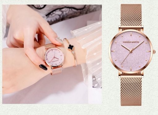 Zegarek damski  na bransolecie mesh HANNAH MARTIN MS36 rose gold różowy elegancki piękny pudełko