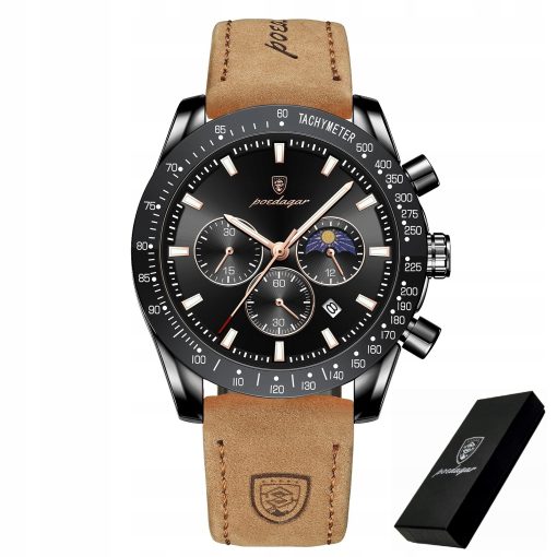ZEGAREK MĘSKI ELEGANCKI POEDAGAR CHRONOGRAF PUDEŁKO WSKAŹNIK DZIEŃ / NOC