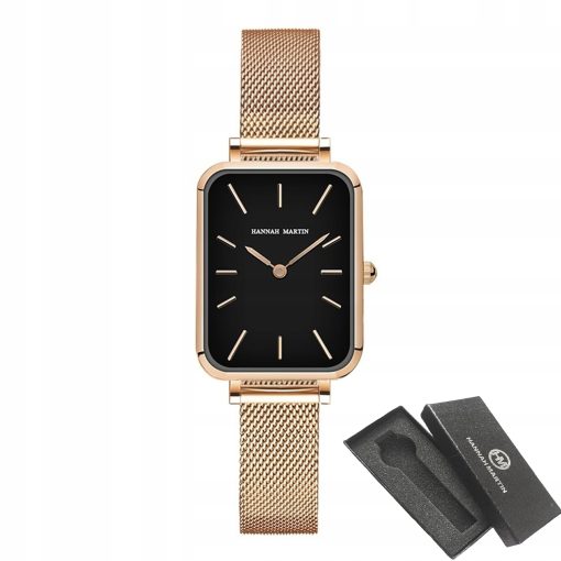 Damski zegarek na bransolecie mesh HANNAH MARTIN 1241 piękny elegancki rose gold czarny