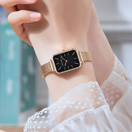 Damski zegarek na bransolecie mesh HANNAH MARTIN 1241 piękny elegancki rose gold czarny