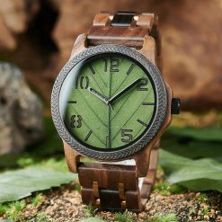 Drewniany męski zegarek BOBO BIRD T155-6 elegancki drewniana bransoleta tarcza liść