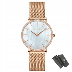Zegarek damski na bransolecie mesh HANNAH MARTIN ZS36 tarcza z morskiej muszli rose gold biały