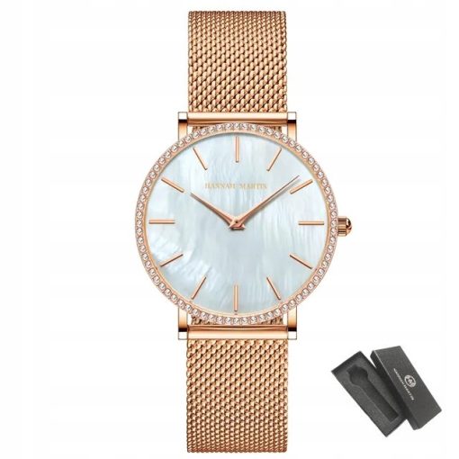 Zegarek damski na bransolecie mesh HANNAH MARTIN ZS36 tarcza z morskiej muszli rose gold biały