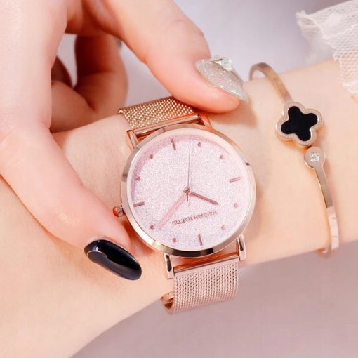Zegarek damski  na bransolecie mesh HANNAH MARTIN MS36 rose gold różowy elegancki piękny pudełko