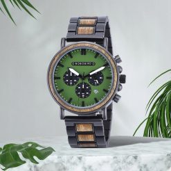 Drewniany męski zegarek BOBO BIRD T63-1 na bransolecie chronograf zielona tarcza