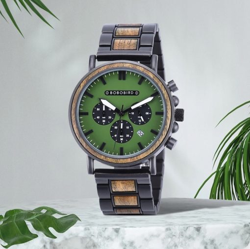 Drewniany męski zegarek BOBO BIRD T63-1 na bransolecie chronograf zielona tarcza