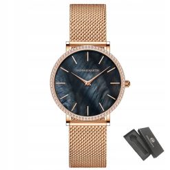 Zegarek damski na bransolecie mesh HANNAH MARTIN ZS36 tarcza z morskiej muszli rose gold czarny