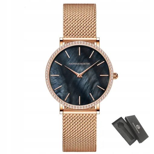 Zegarek damski na bransolecie mesh HANNAH MARTIN ZS36 tarcza z morskiej muszli rose gold czarny