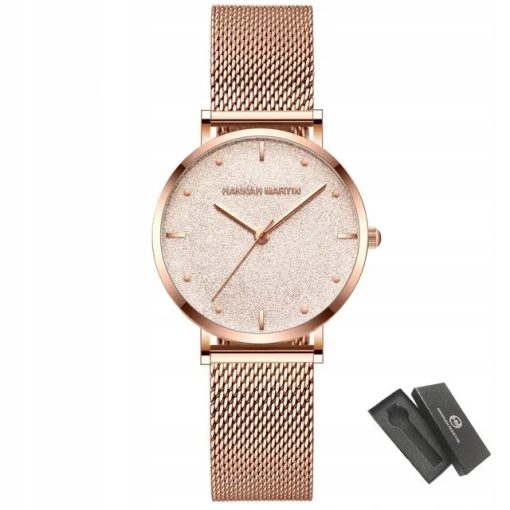 Zegarek damski rose gold na bransolecie mesh HANNAH MARTIN MS36 elegancki piękny pudełko