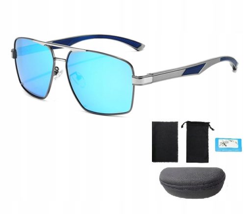 Męskie Okulary Przeciwsłoneczne Solenzio Aviator Polaryzacja z Etui UV400 srebrne niebieskie