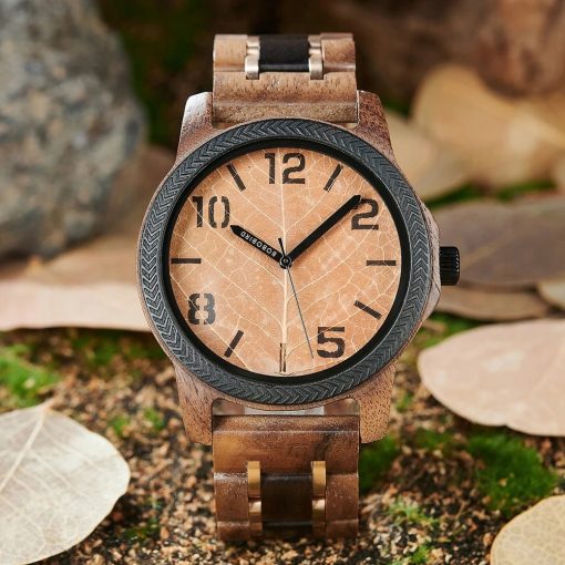 Drewniany męski zegarek BOBO BIRD T155-4 elegancki drewniana bransoleta tarcza liść