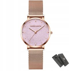 Zegarek damski  na bransolecie mesh HANNAH MARTIN MS36 rose gold różowy elegancki piękny pudełko