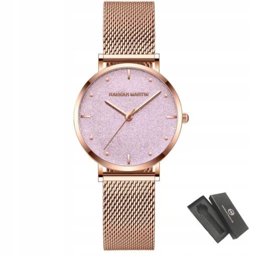 Zegarek damski  na bransolecie mesh HANNAH MARTIN MS36 rose gold różowy elegancki piękny pudełko