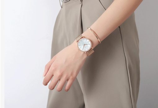 Zegarek damski na bransolecie mesh HANNAH MARTIN ZS36 tarcza z morskiej muszli rose gold biały