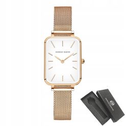 Damski zegarek na bransolecie mesh HANNAH MARTIN 1241 piękny elegancki rose gold biały