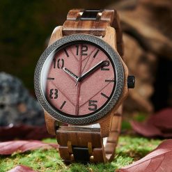 Drewniany męski zegarek BOBO BIRD T155-5 elegancki drewniana bransoleta tarcza liść