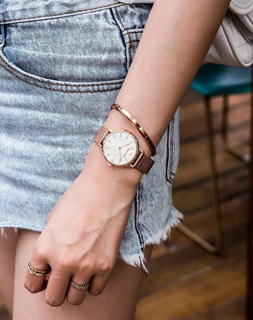 Zegarek damski rose gold na bransolecie mesh HANNAH MARTIN MS36 elegancki piękny pudełko