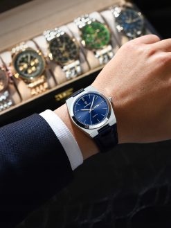 ZEGAREK MĘSKI ELEGANCKI POEDAGAR NA SKÓRZANYM PASKU PUDEŁKO NIEBIESKI 5