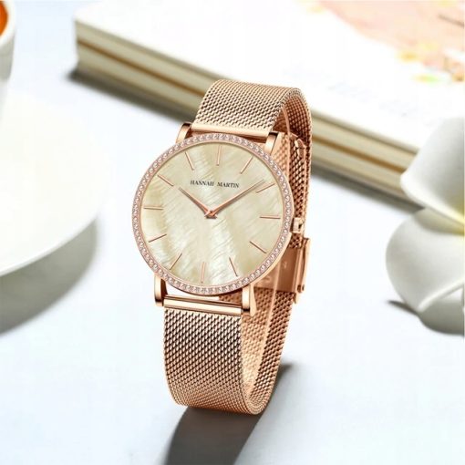 Zegarek damski na bransolecie mesh HANNAH MARTIN ZS36 tarcza z morskiej muszli rose gold żółty