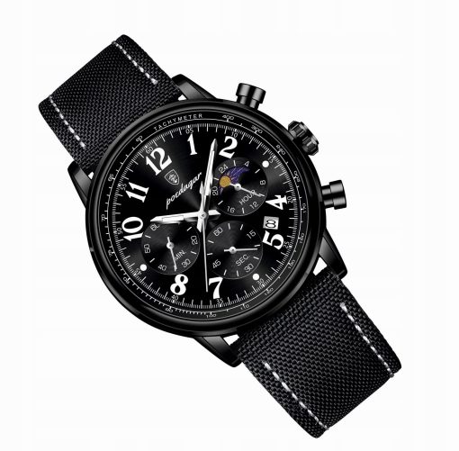Czarny męski zegarek na pasku POEDAGAR 808 chronograf pudełko wskaźnik dzień/noc