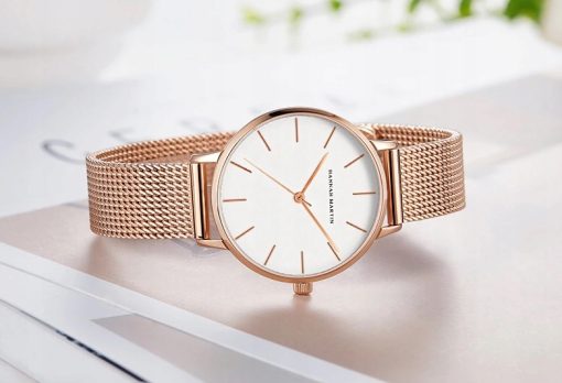 Elegancki zegarek damski na bransolecie mesh HANNAH MARTIN HM36 rose gold biała tarcza