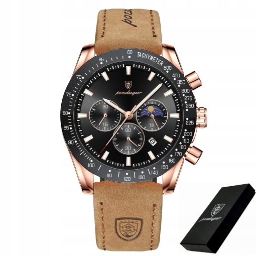 ZEGAREK MĘSKI ELEGANCKI POEDAGAR CHRONOGRAF PUDEŁKO WSKAŹNIK DZIEŃ / NOC