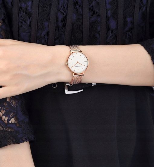 Elegancki zegarek damski na bransolecie mesh HANNAH MARTIN HM36 rose gold biała tarcza