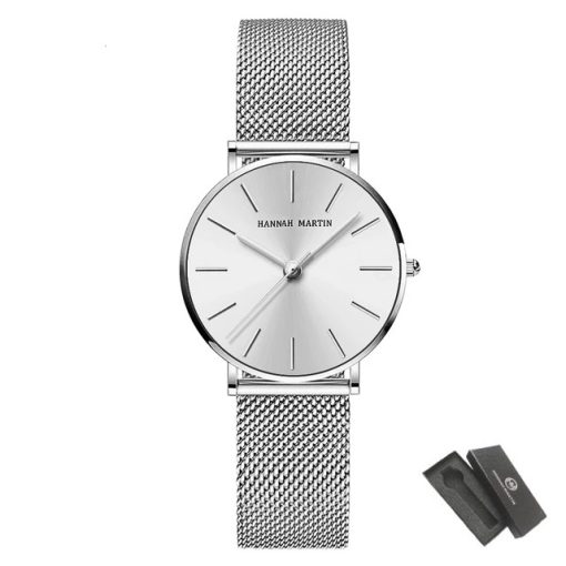 Elegancki srebrny zegarek damski na bransolecie mesh HANNAH MARTIN HM36 cały srebrny