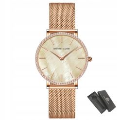 Zegarek damski na bransolecie mesh HANNAH MARTIN ZS36 tarcza z morskiej muszli rose gold żółty