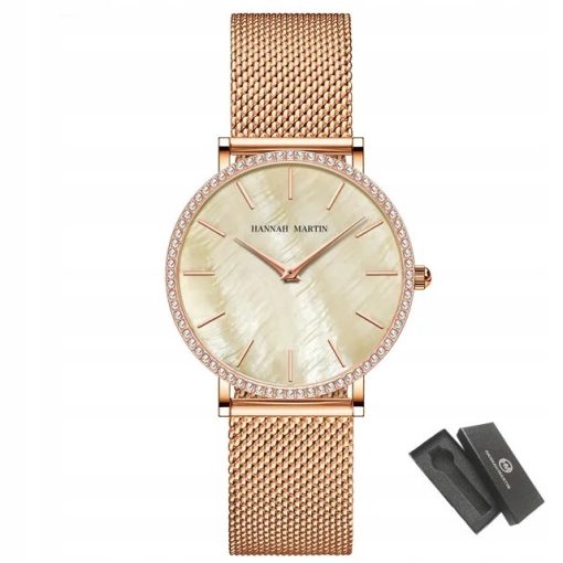 Zegarek damski na bransolecie mesh HANNAH MARTIN ZS36 tarcza z morskiej muszli rose gold żółty